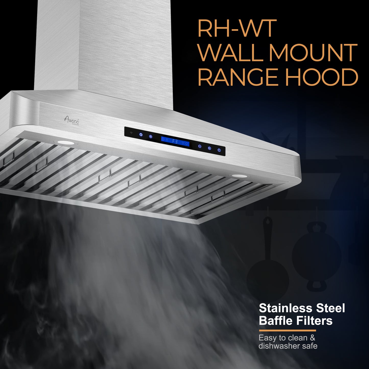 Awoco RH-WT Wall Mount Stainless Steel Range Hood, 4 Speeds, 6” Round Top Vent, 900CFM, 2 LED Lights, with Remote Control