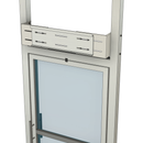 A set of metal mounting brackets for an air curtain, positioned above a door frame.