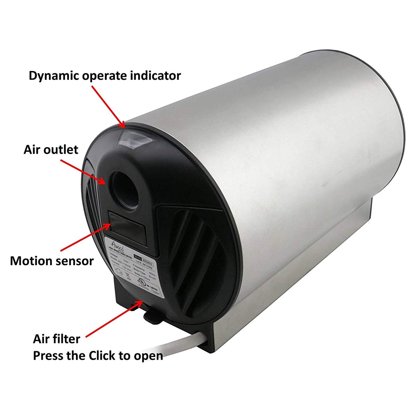 Dynamic operate indicator, air outlet, motion sensor, air filter press the click to open