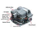 Inside view that has HEPA air filter, air outlet, LED indicators, power: red, operate: blue, 2 hole for hard wired, motion sensor, and circuit board