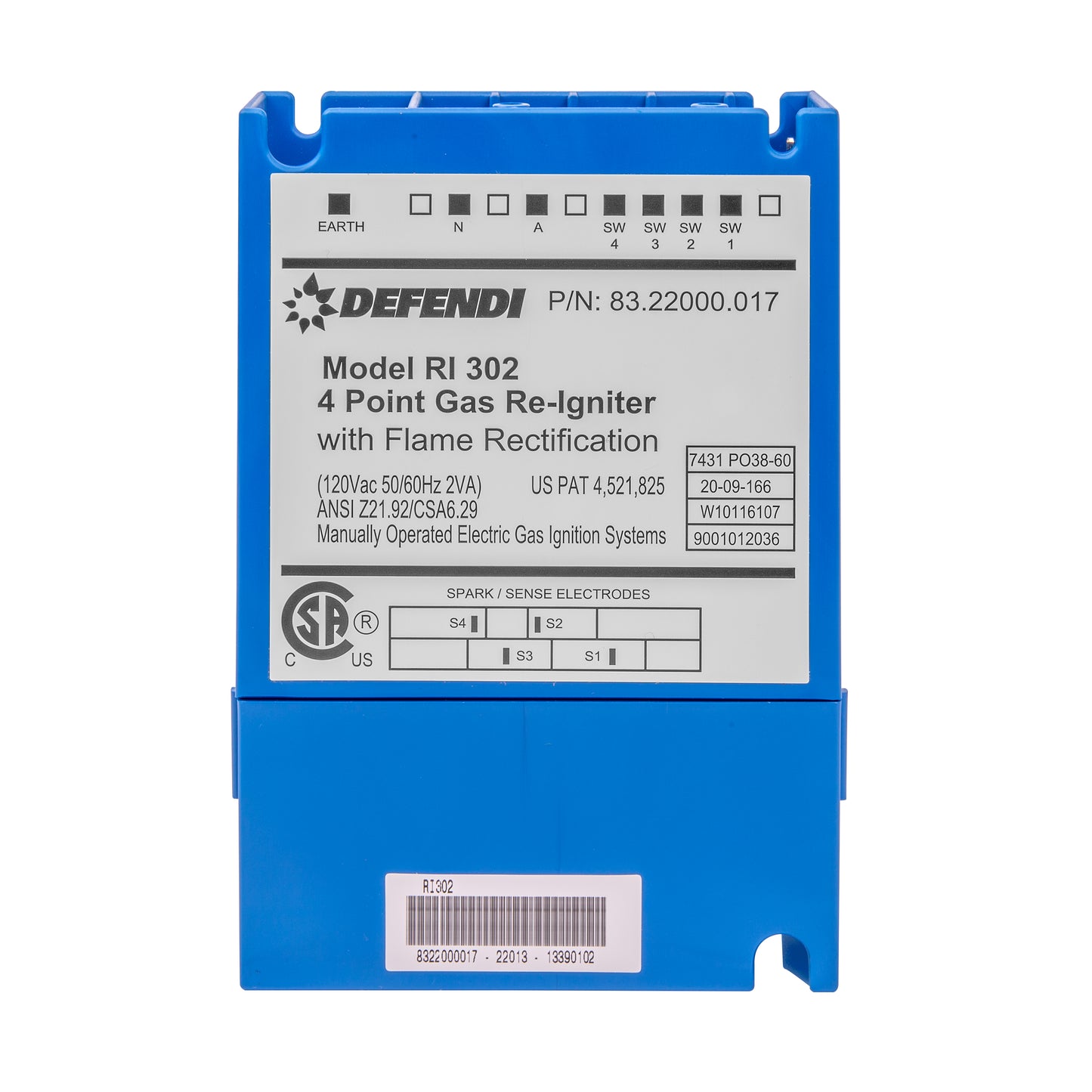 A blue Defendi RI 302 4 Point Gas Re-Igniter with Flame Rectification, with product information visible on the label.