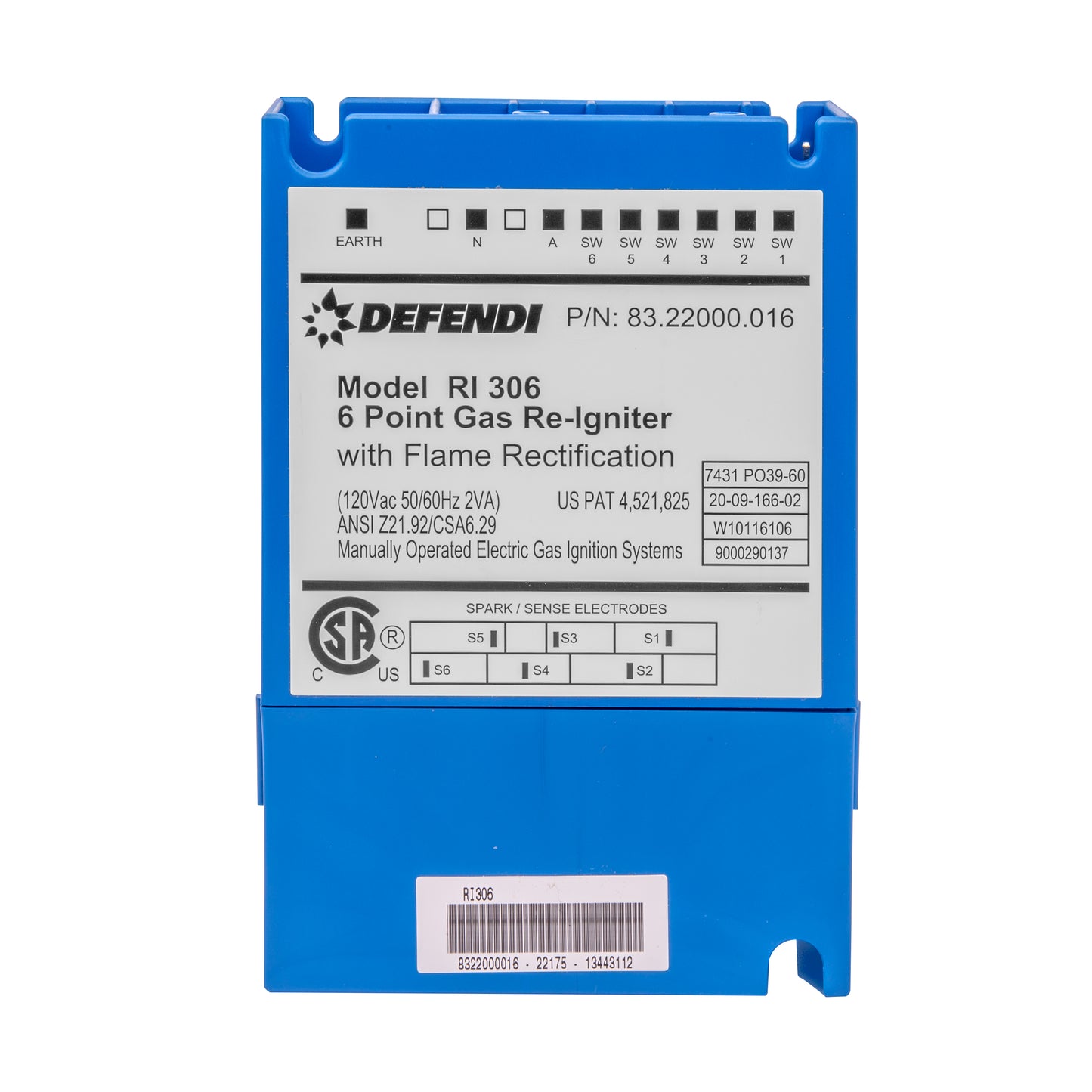 A blue Defendi gas re-igniter with flame rectification, model RI 306, designed for manually operated electric gas ignition systems.