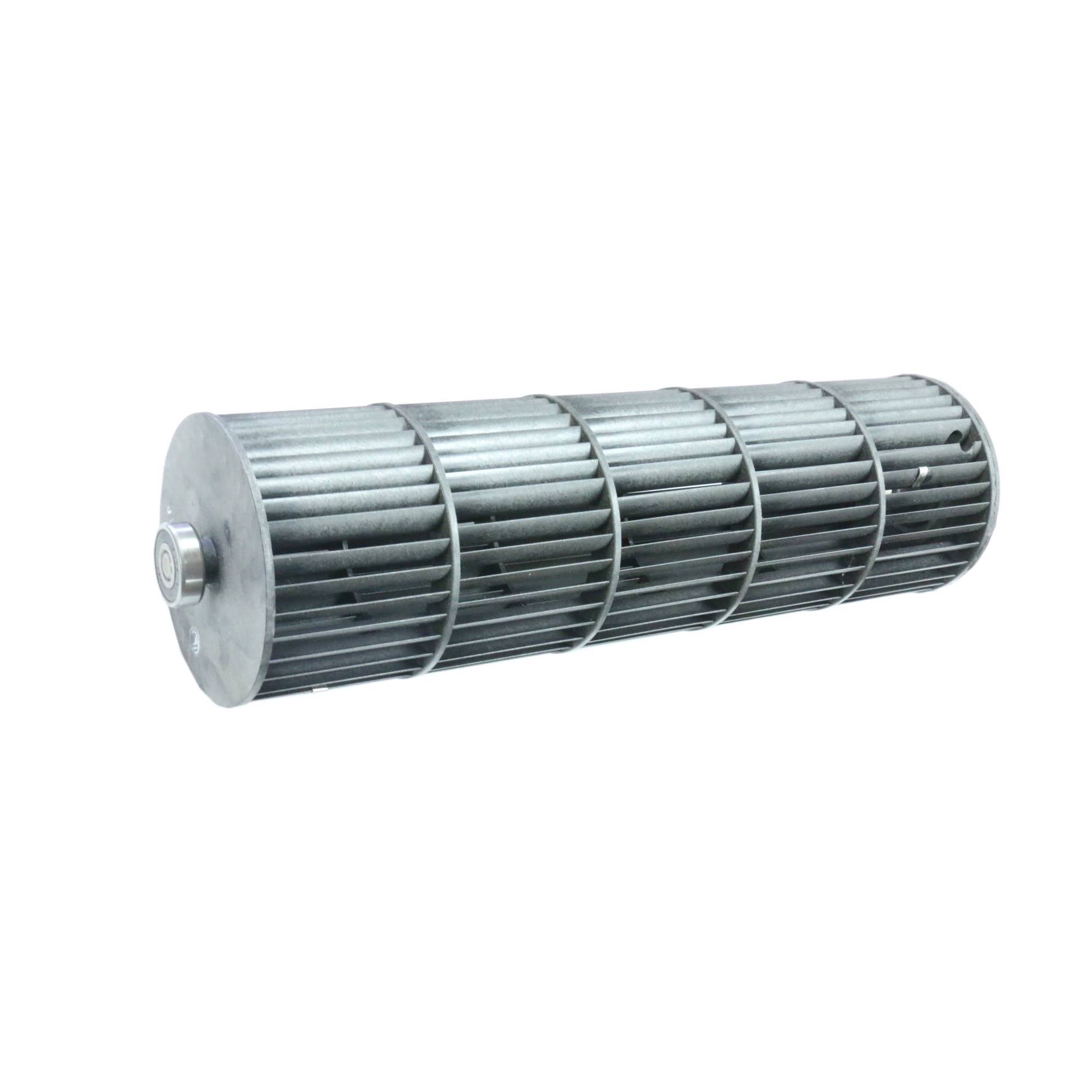 A replacement fan wheel for an air curtain, made of ABS plastic, with a cylindrical shape featuring vanes.