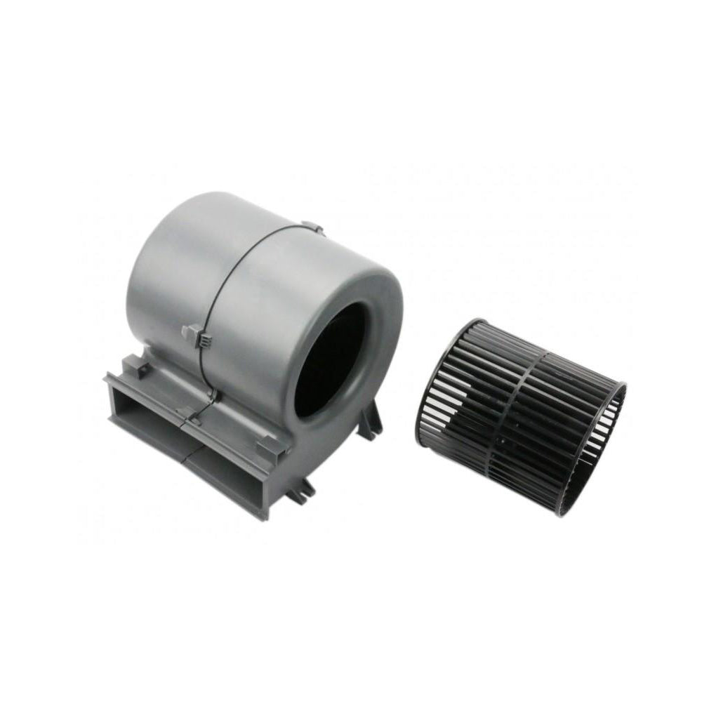 A replacement blower set for Awoco Elegant Air Curtains, featuring a gray ABS plastic shell and fan wheel, with overall dimensions of 6-5/8 inches wide, 7-1/4 inches deep, and 7-3/8 inches high.