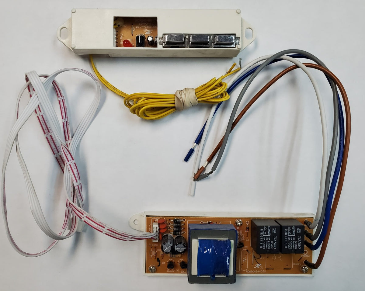 A circuit board and control panel replacement for Awoco Slimline FM12 series air curtains, with various electrical wires connected.