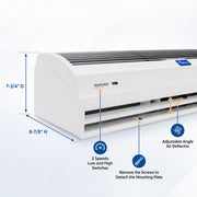 7-3/4"D x 8-7/8"H, 2 speeds low and high switches, adjustable angle air deflector.