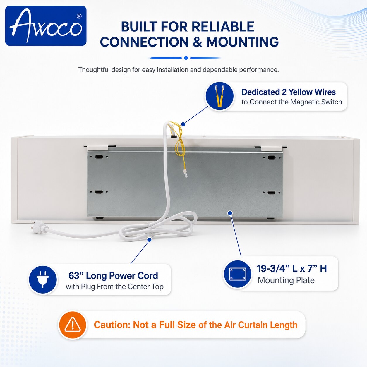 Mounting plate, dedicated 2 yellow wires to connect the magnetic switch, 63" long power cord with plug from the center top.