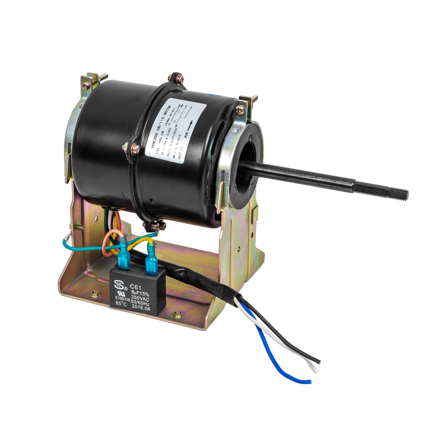 A black replacement 1 shaft motor with capacitor for Awoco Elegant FM35 Air Curtains, showing the motor body, wiring, and mounting bracket.
