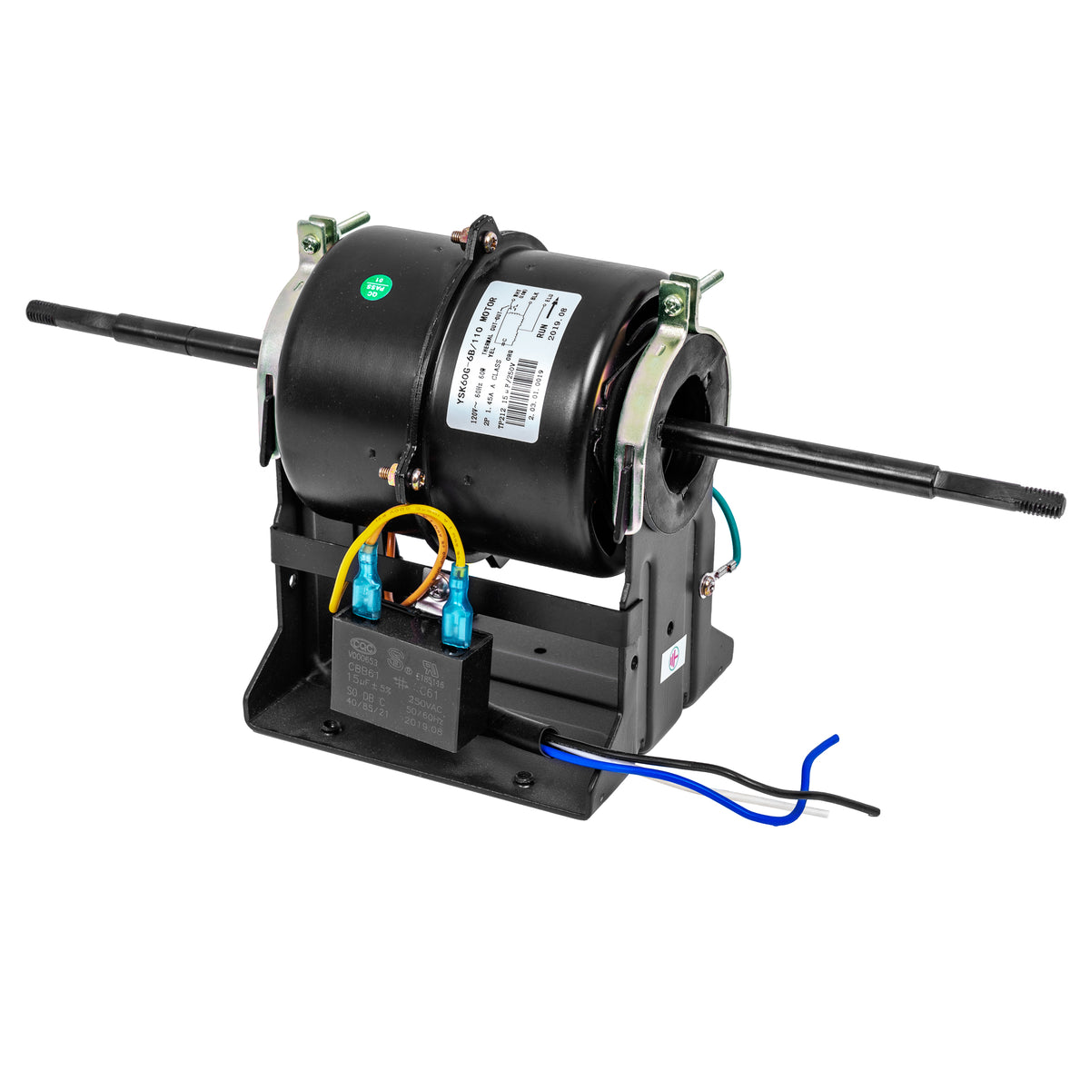 A black replacement motor for Awoco Elegant FM35 series Air Curtains, including two shafts and a capacitor.