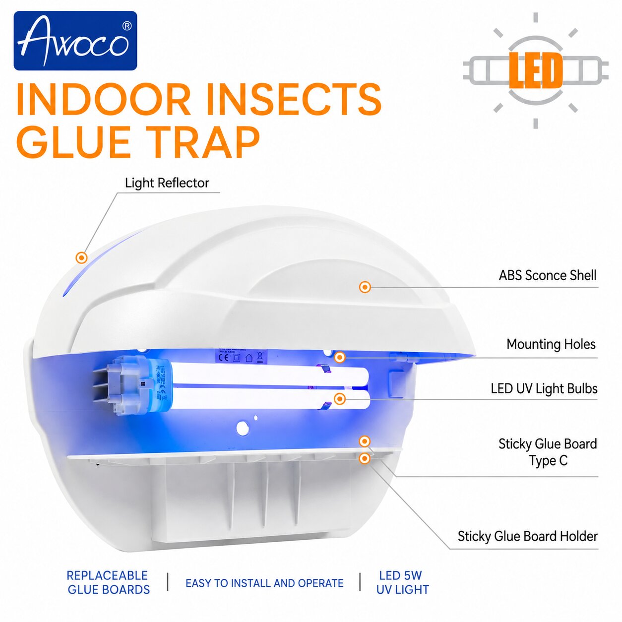 Indoor insects glue trap, replaceable glue boards, easy to install and operate, LED 5W UV light