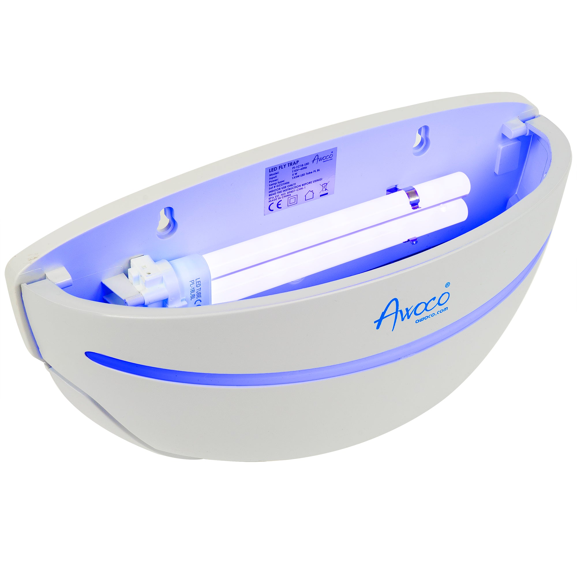 Modern wall-mounted indoor fly trap with sleek white design and LED UV light