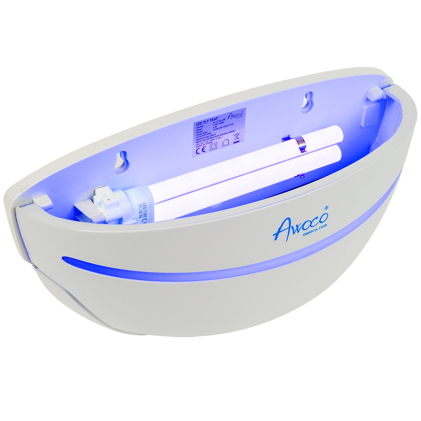 Modern wall-mounted indoor fly trap with sleek white design and LED UV light