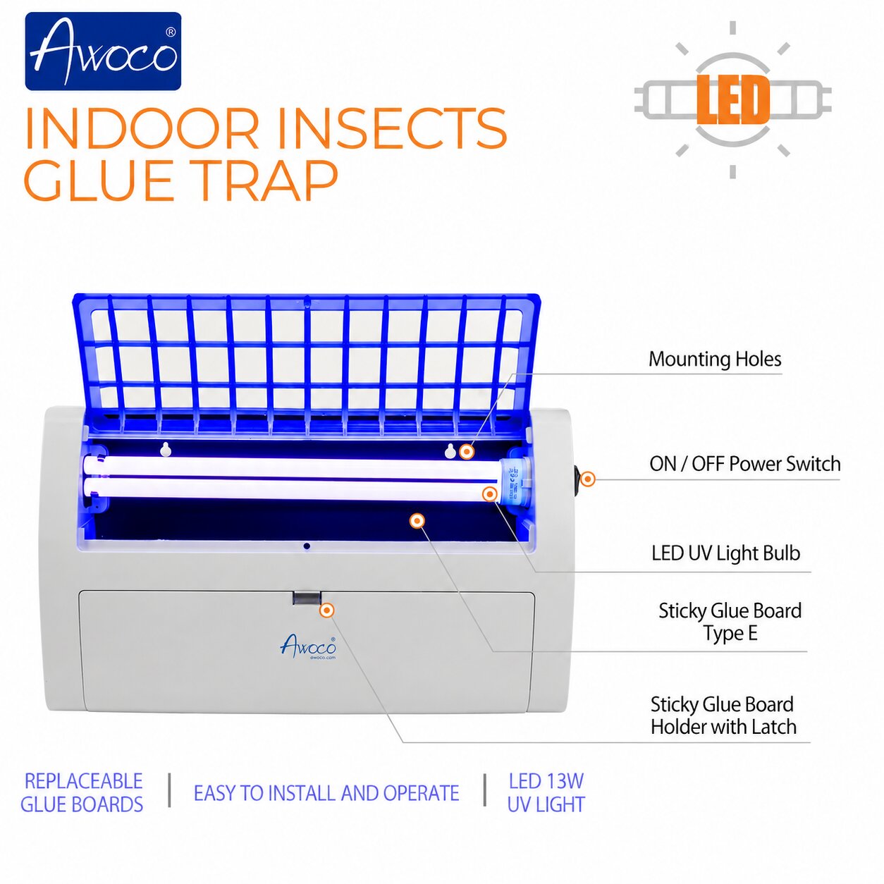 Indoor insects glue trap, replaceable glue boards, easy to install and operate, with LED 13W UV light