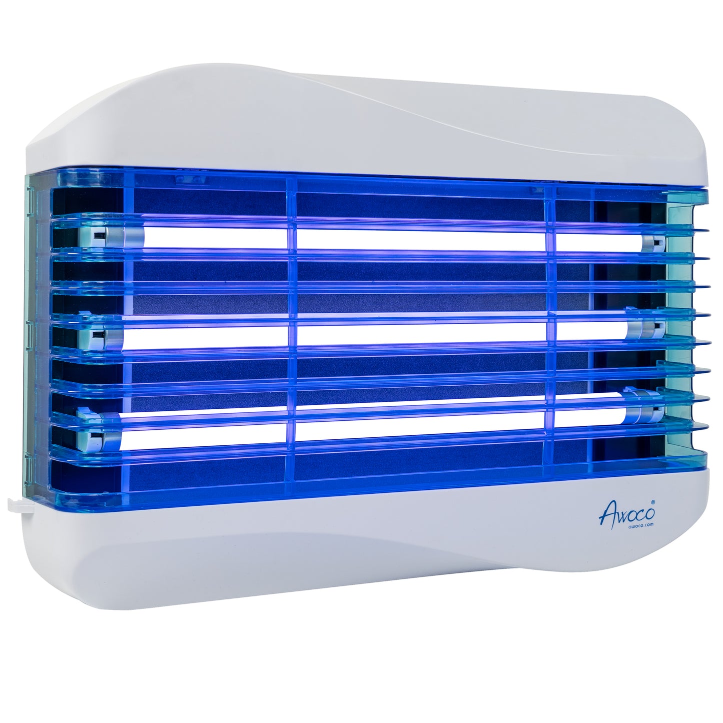 Modern wall-mounted indoor fly trap with sleek white design and LED UV light