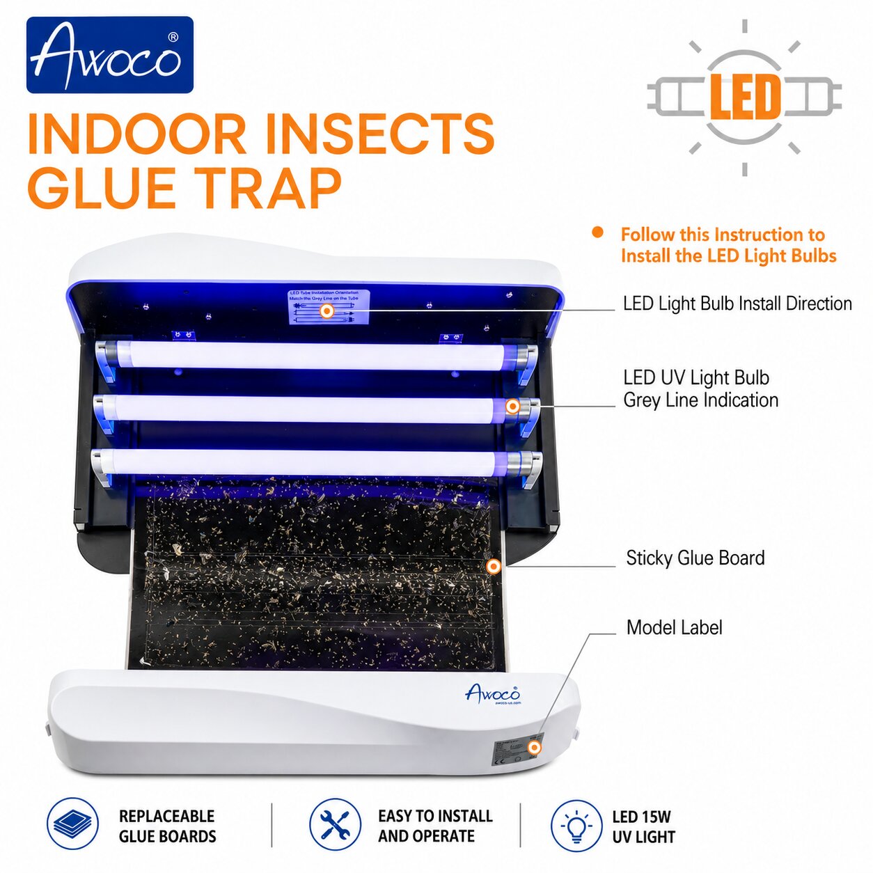 Indoor insects glue trap, replaceable glue boards, easy to install and operate, LED 15W UV light