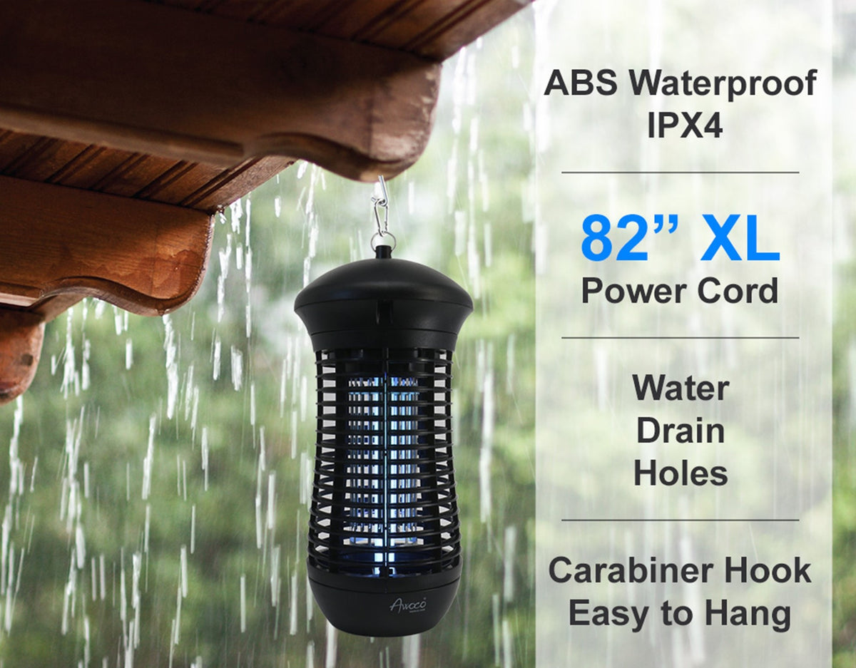In a rain day the 18W outdoor bug zapper are ABS waterproof IPX4, 82"XL power cod, water drain holes, and carabiner hook easy to hang