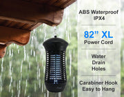 In a rain day the 18W outdoor bug zapper are ABS waterproof IPX4, 82"XL power cod, water drain holes, and carabiner hook easy to hang