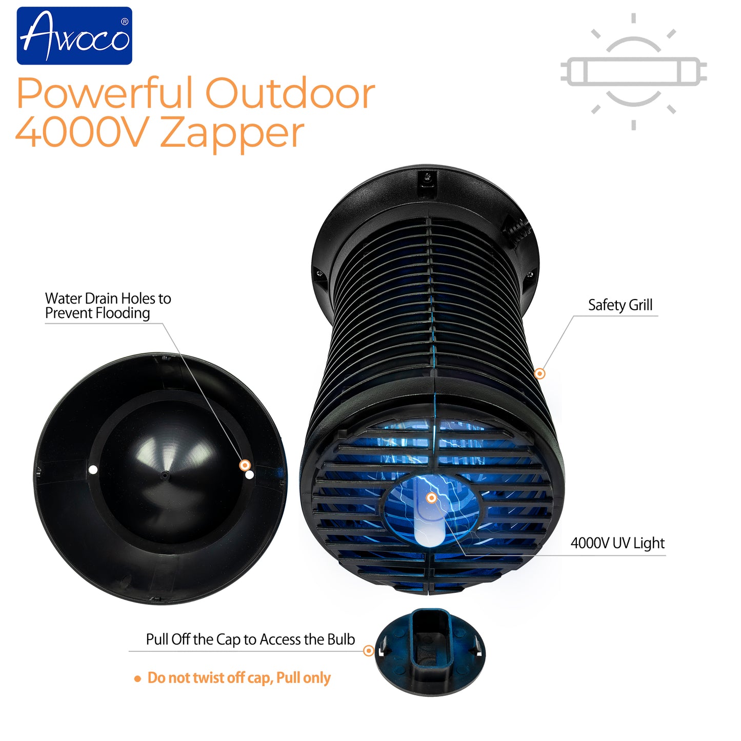 Awoco FT-OD18 18 W Outdoor Bug Zapper 4000V UV light High Powered Electric Killer Fly Trap with 82” Extra Long Power Cord