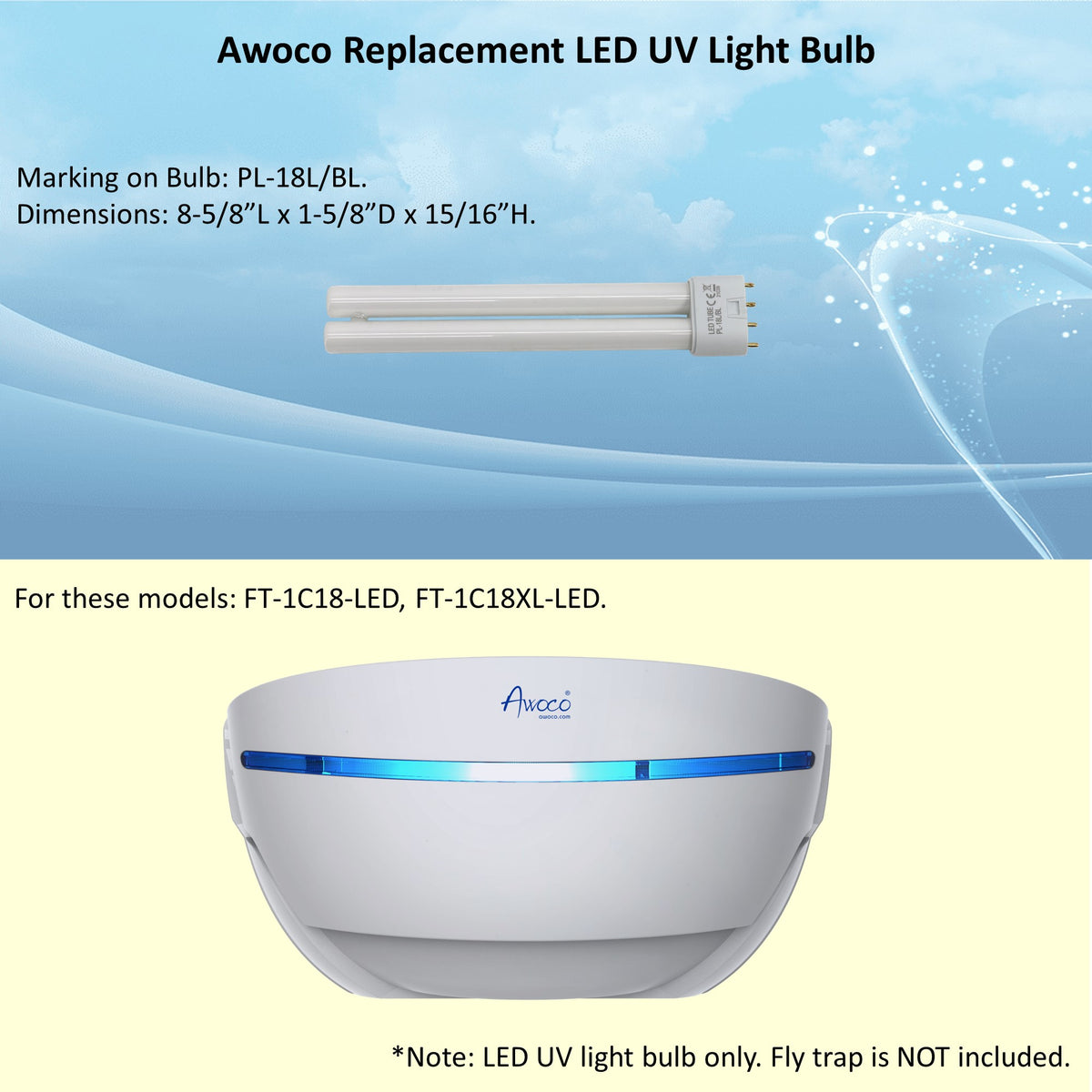 Awoco eplacement LED UV light bulb, PL-18L/BL, for FT-1C18-LED and FT-1C18XL-LED models