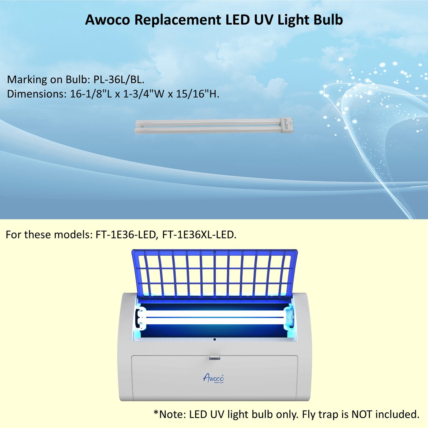 Awoco replacement LED UV light bulb, PL-36L/BL, for FT-1E36-LED and FT-1E36XL-LED models