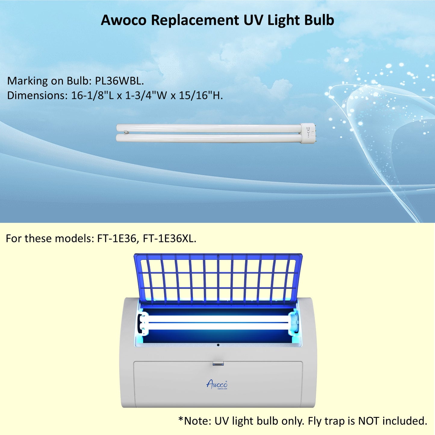 Awoco replacement UV light bulb, marking on bulb PL36WBL, for FT-1E36 and FT-1E36XL