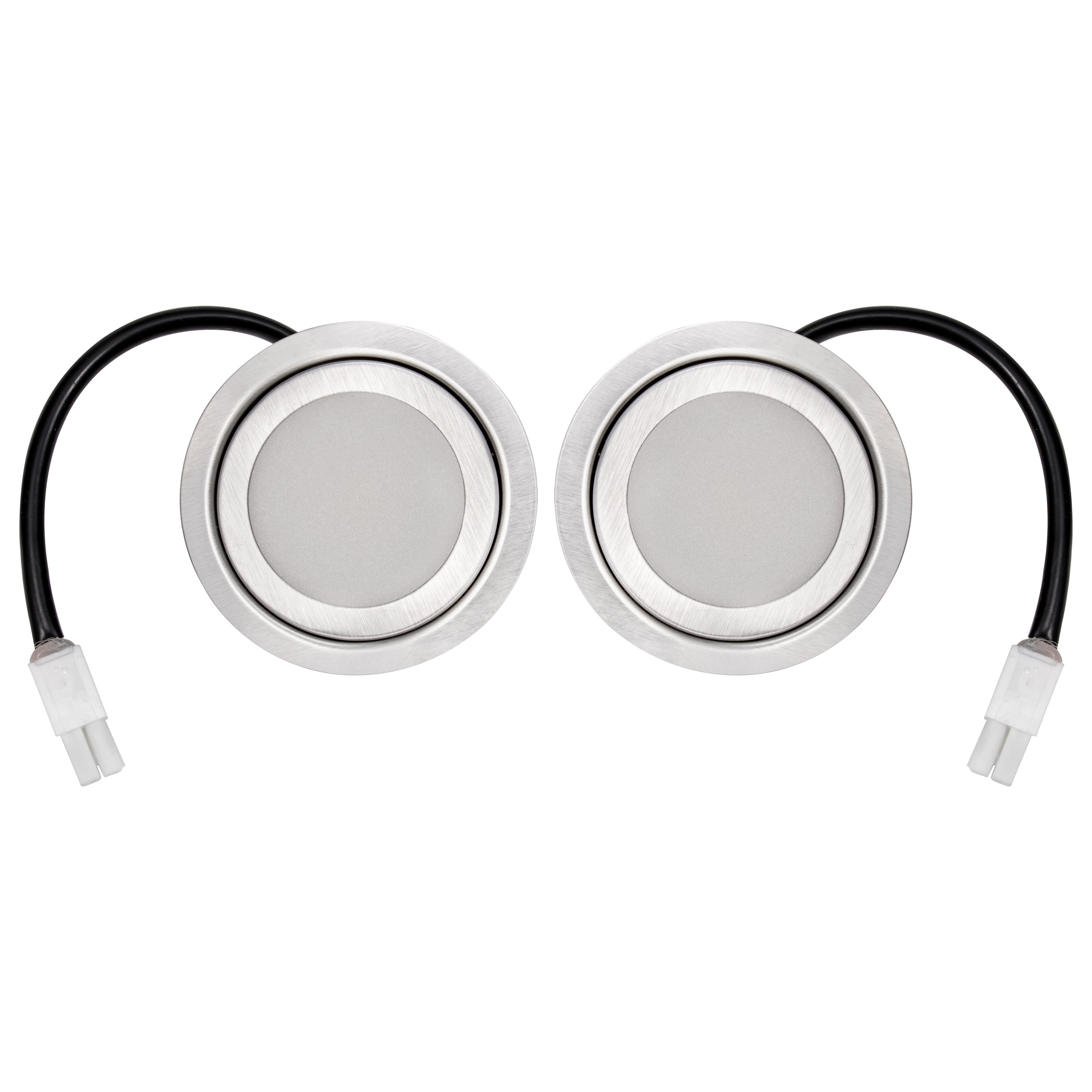 Two LED lights with flat edges and black cables for range hoods.