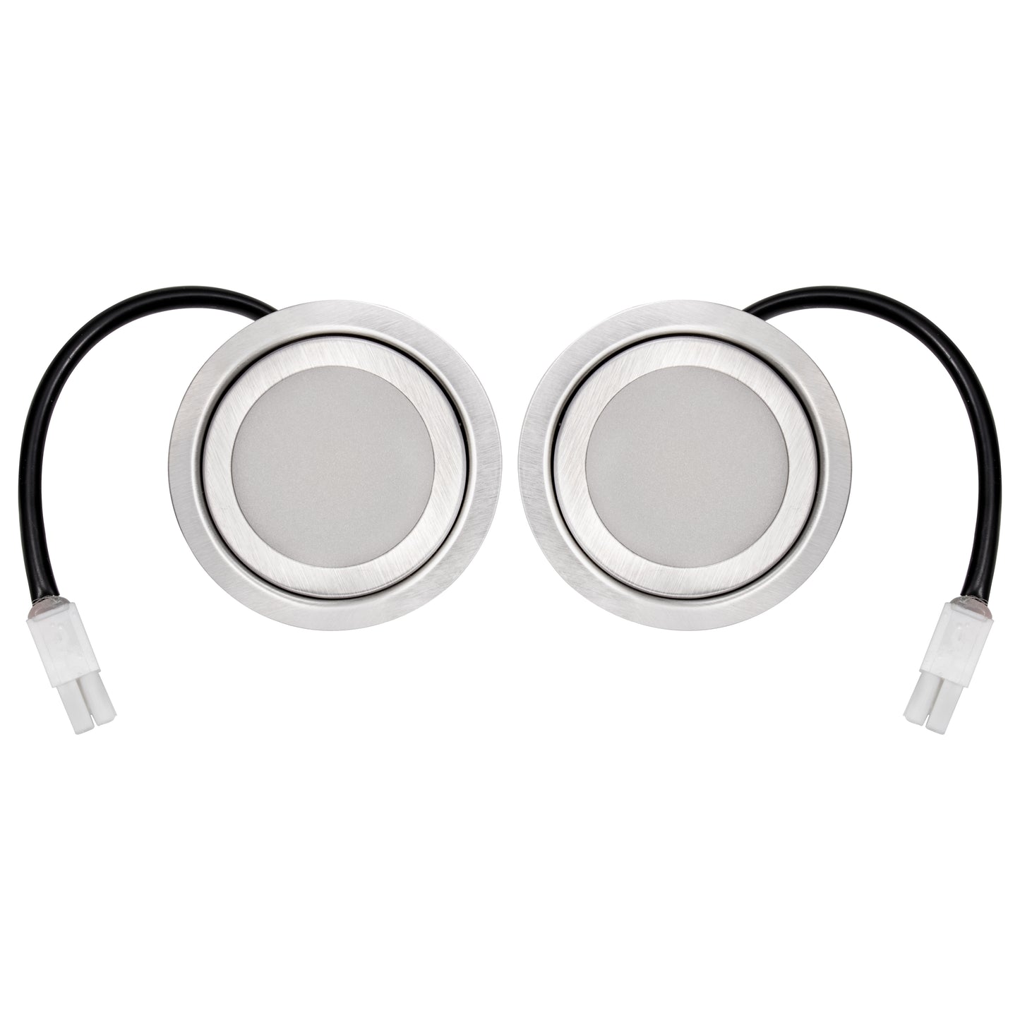 Two LED lights with flat edges and black cables for range hoods.