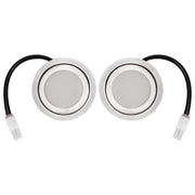Two LED lights with flat edges and black cables for range hoods.
