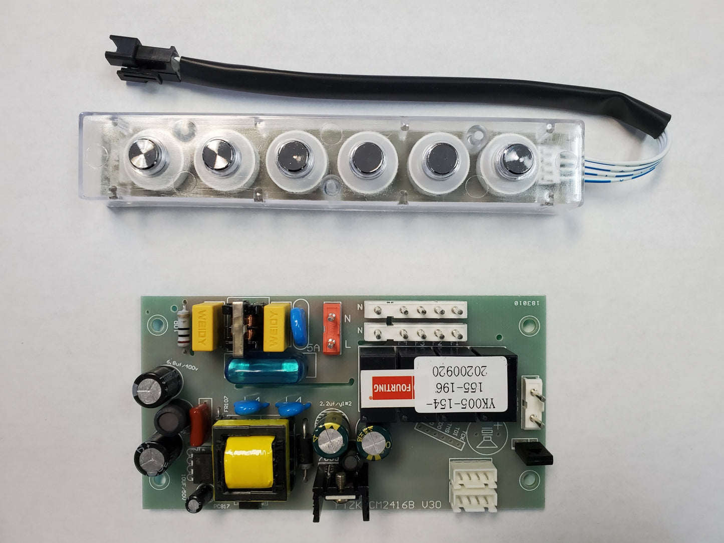 Awoco range hood control panel and circuit board, with multiple buttons and electrical components visible.