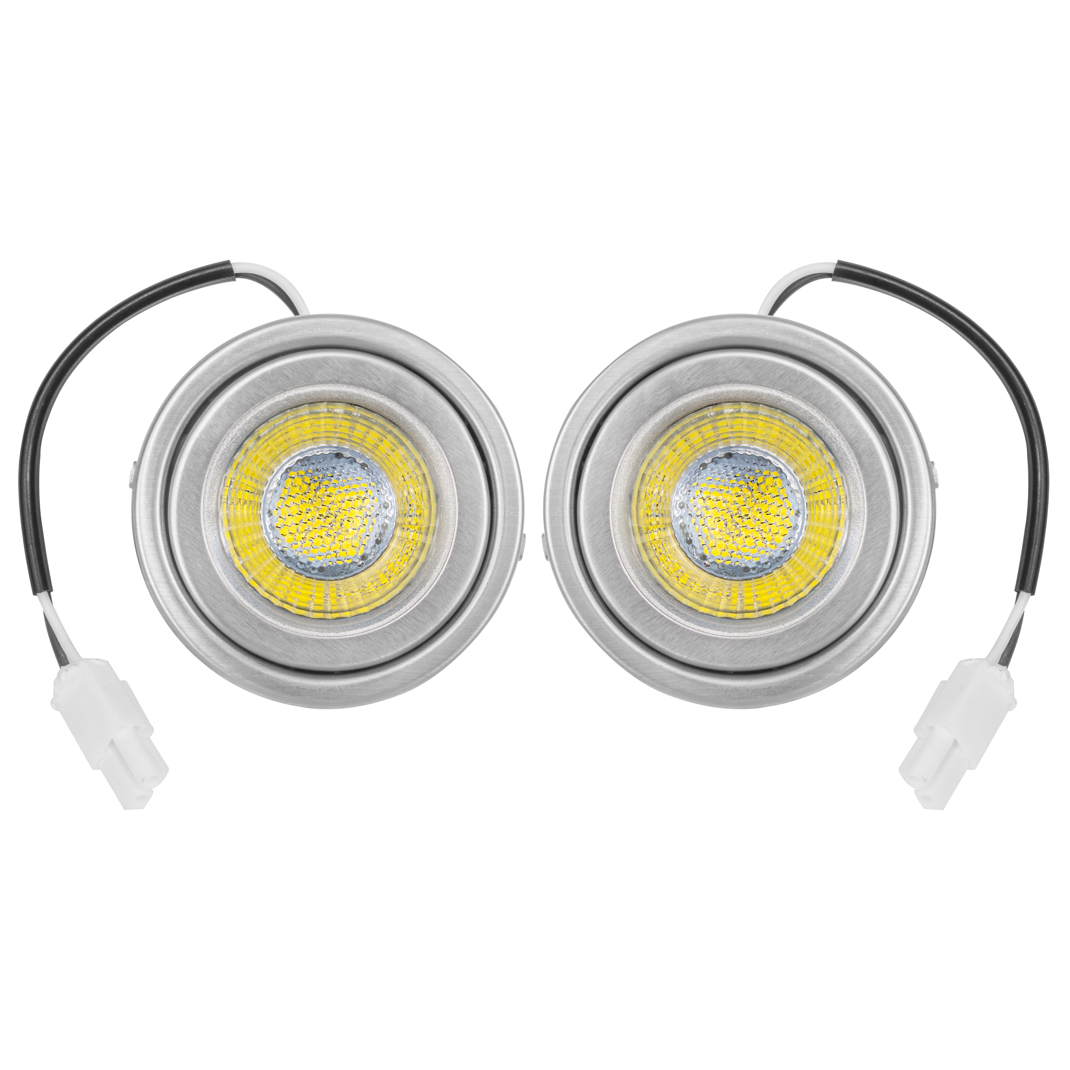 Two LED lights with folded edges, intended for installation in range hoods.