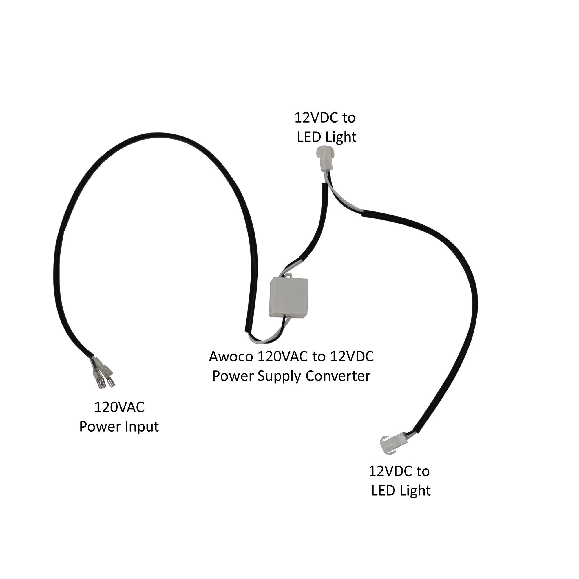 Schematic representation of 2-5/8 inch 12VDC LED lights with an included power adapter, showcasing the components and wiring diagram.