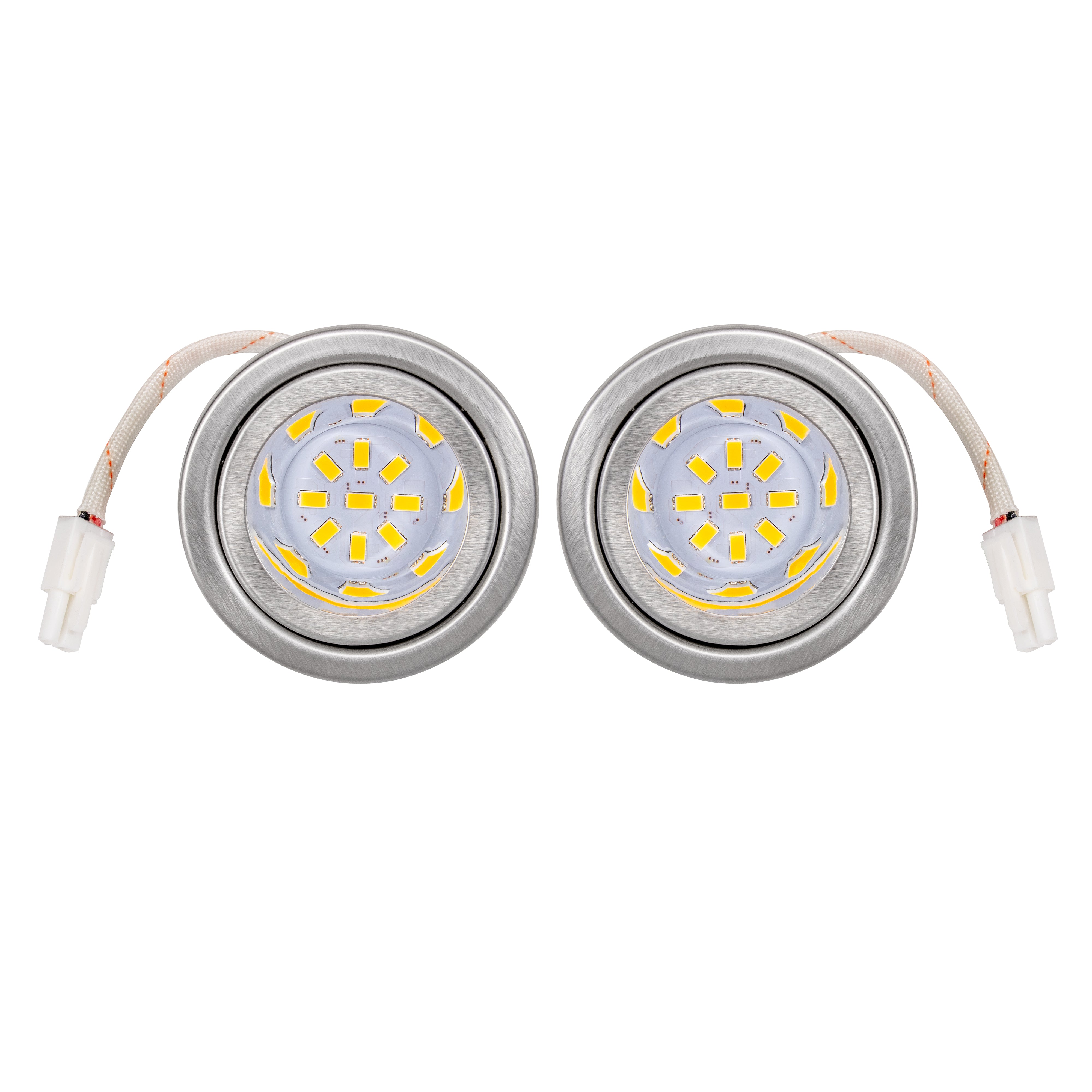 Two LED lights designed for range hoods with recessed light holes.