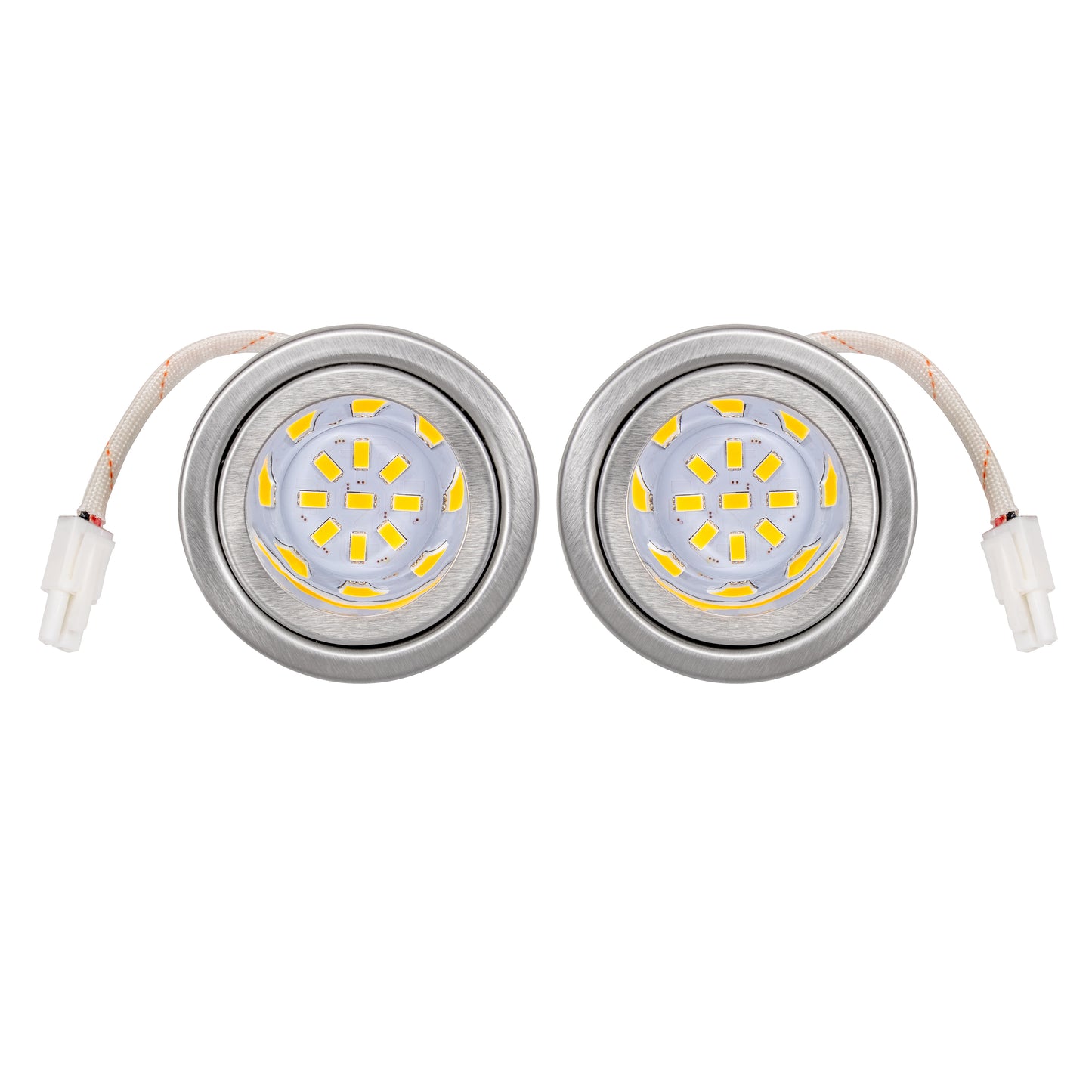 Two LED lights designed for range hoods with recessed light holes.