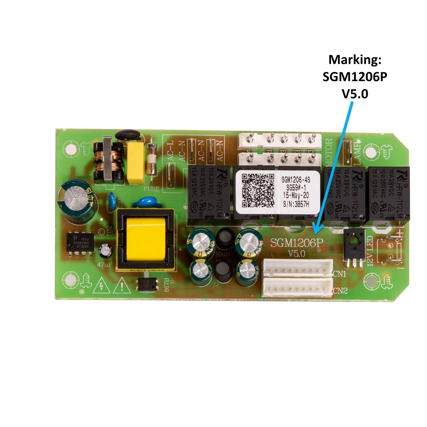 Green printed circuit board for Awoco range hood models RH-WQ, including control panel components and markings SGM1206P V5.0