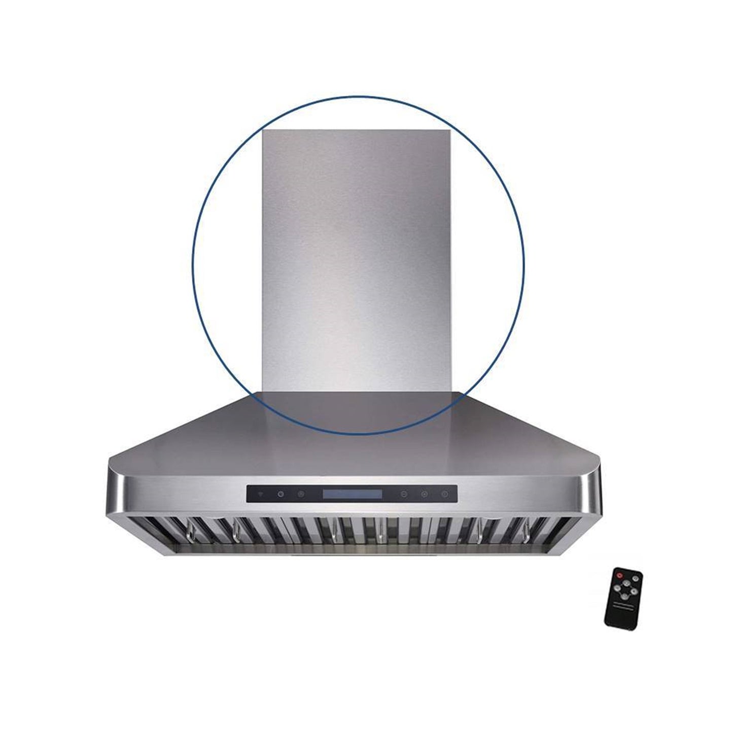 An Awoco XL chimney for a wall mount range hood. The chimney is stainless steel.